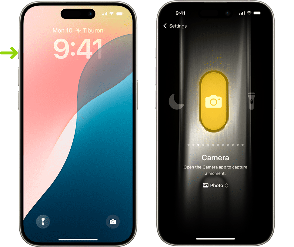 Two iPhones side by side. The first is highlighting an Action Button, the second shows the available actions